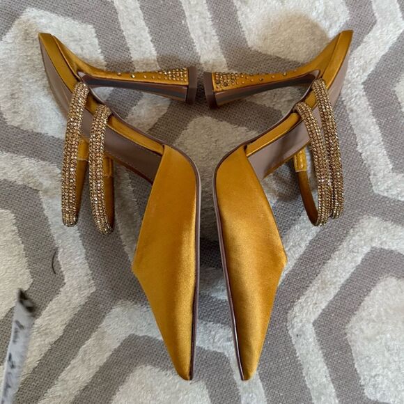 Sam Edelman Agustina Rhinestone Embellished Satin Mules in Golden Yellow 6 - Picture 6 of 11
